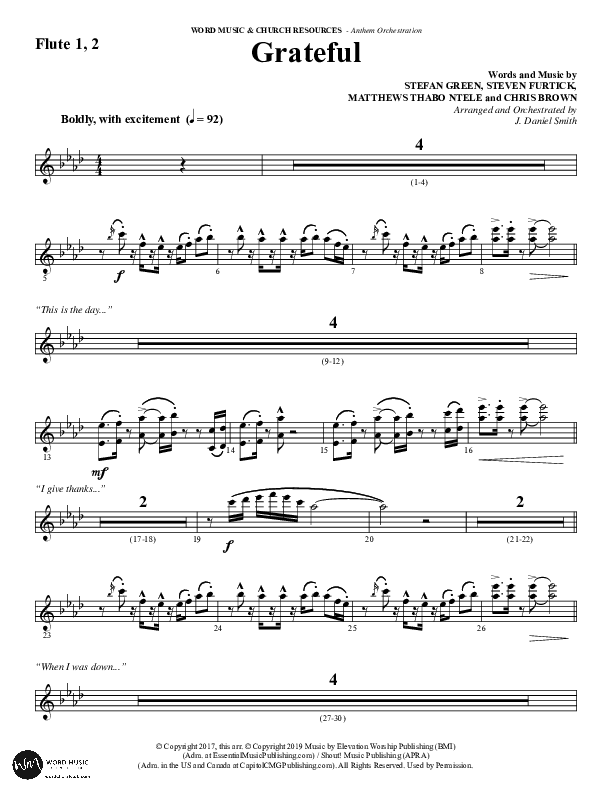Grateful (Choral Anthem SATB) Flute 1/2 (Word Music Choral / Arr. J. Daniel Smith)