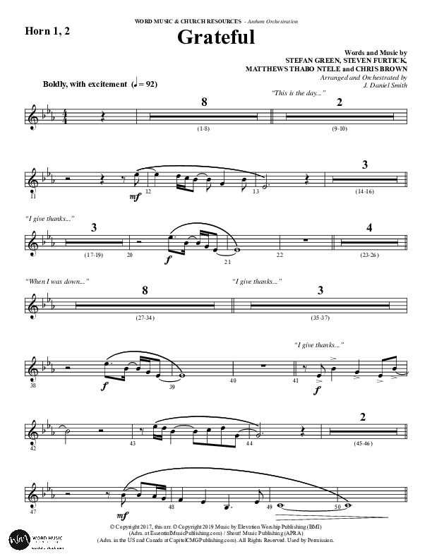 Grateful (Choral Anthem SATB) French Horn 1/2 (Word Music Choral / Arr. J. Daniel Smith)