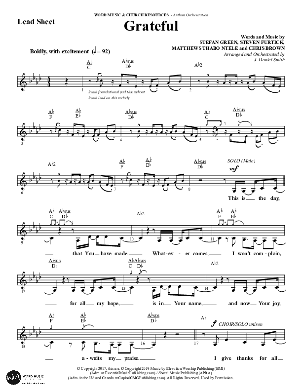 Grateful (Choral Anthem SATB) Lead Sheet (Melody) (Word Music Choral / Arr. J. Daniel Smith)