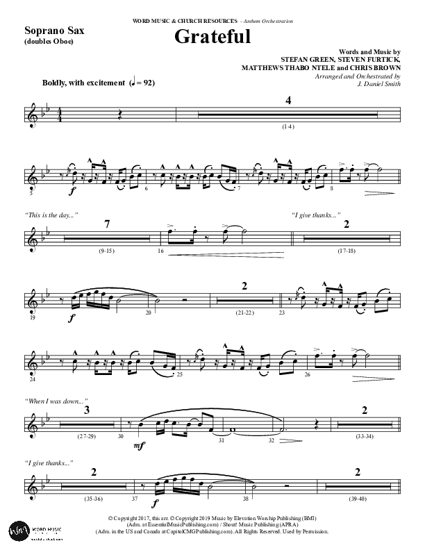 Grateful (Choral Anthem SATB) Soprano Sax (Word Music Choral / Arr. J. Daniel Smith)