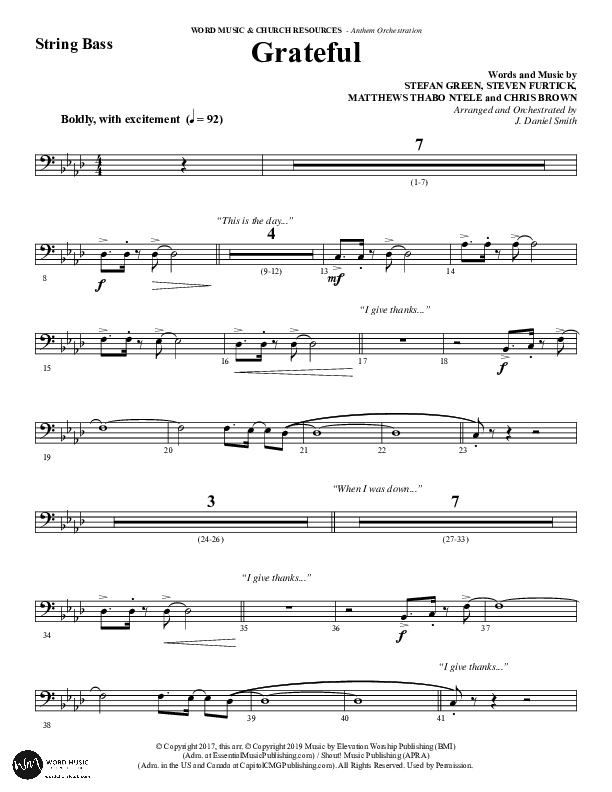 Grateful (Choral Anthem SATB) String Bass (Word Music Choral / Arr. J. Daniel Smith)