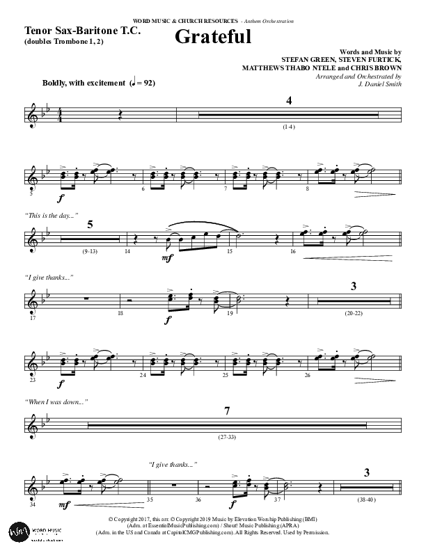 Grateful (Choral Anthem SATB) Tenor Sax/Baritone T.C. (Word Music Choral / Arr. J. Daniel Smith)