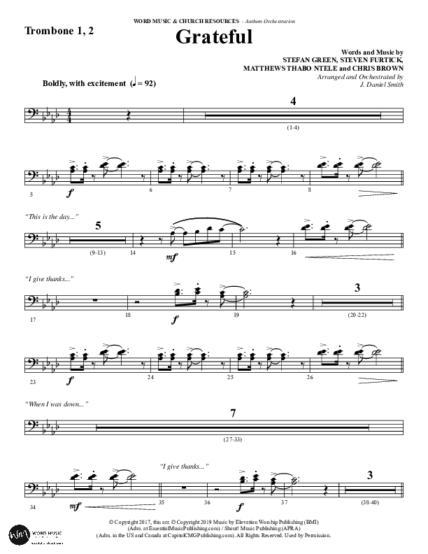 Grateful (Choral Anthem SATB) Trombone 1/2 (Word Music Choral / Arr. J. Daniel Smith)