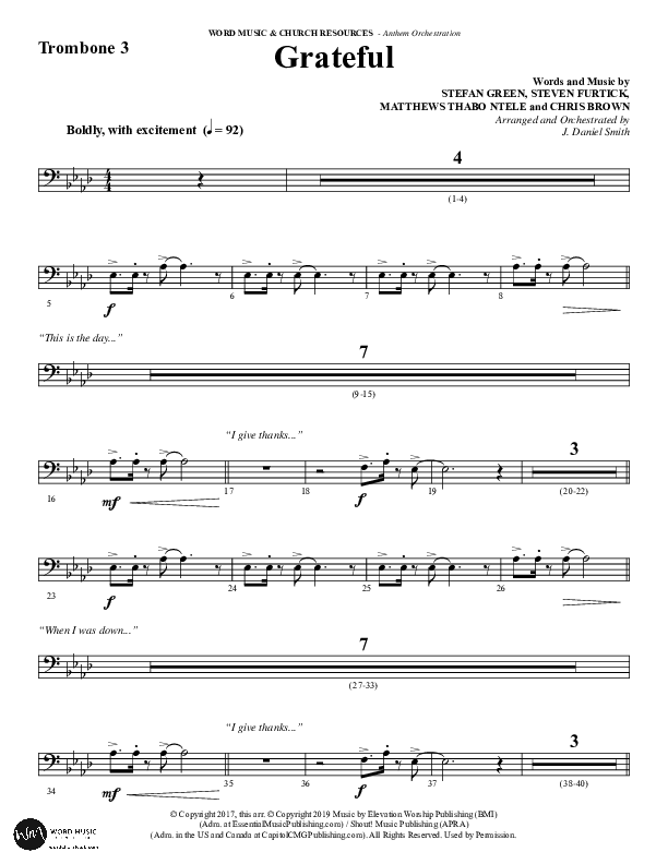 Grateful (Choral Anthem SATB) Trombone 3 (Word Music Choral / Arr. J. Daniel Smith)