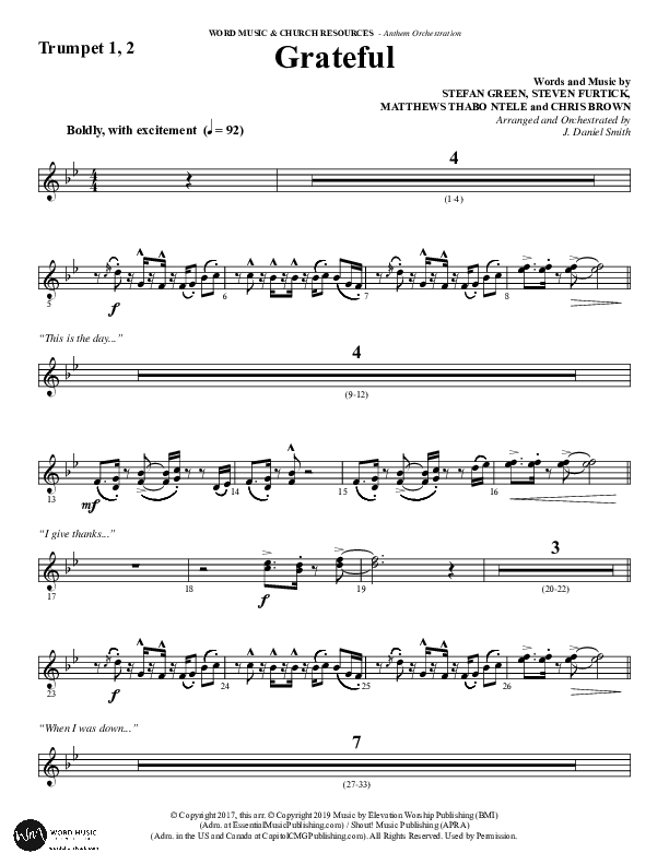 Grateful (Choral Anthem SATB) Trumpet 1,2 (Word Music Choral / Arr. J. Daniel Smith)