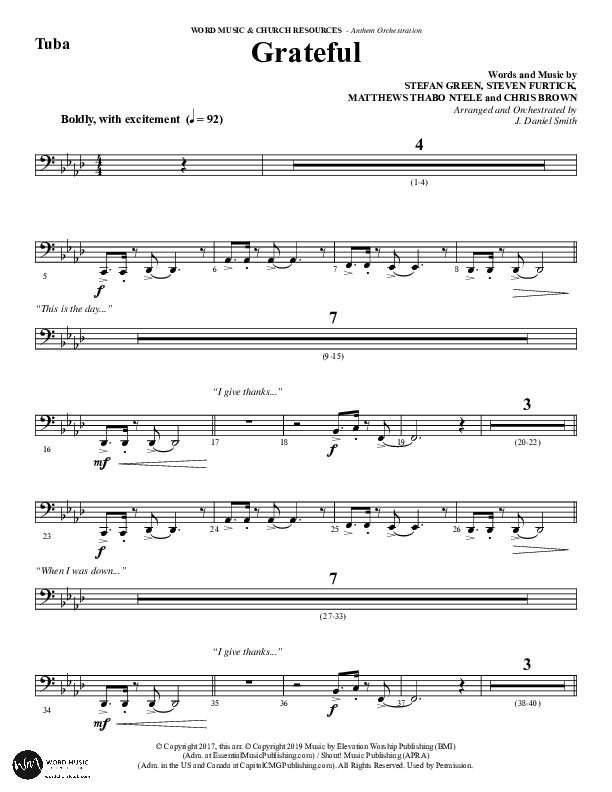 Grateful (Choral Anthem SATB) Tuba (Word Music Choral / Arr. J. Daniel Smith)