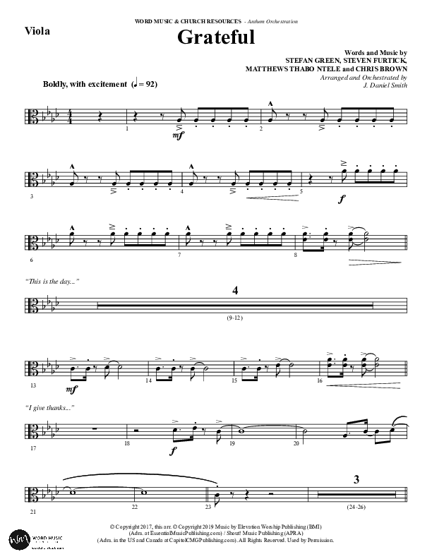 Grateful (Choral Anthem SATB) Viola (Word Music Choral / Arr. J. Daniel Smith)