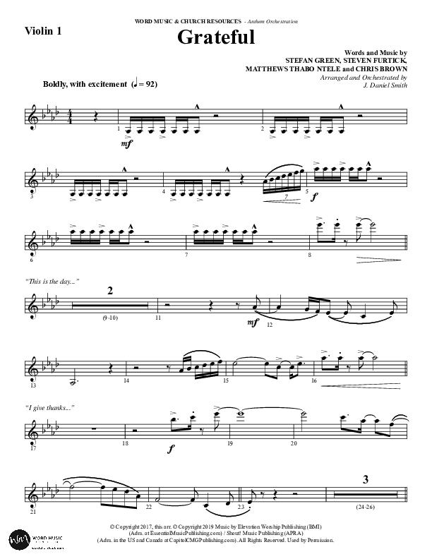 Grateful (Choral Anthem SATB) Violin 1 (Word Music Choral / Arr. J. Daniel Smith)