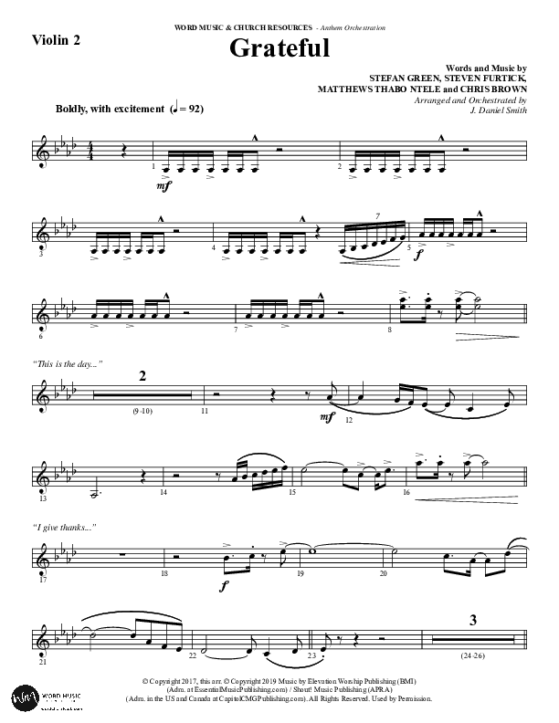 Grateful (Choral Anthem SATB) Violin 2 (Word Music Choral / Arr. J. Daniel Smith)