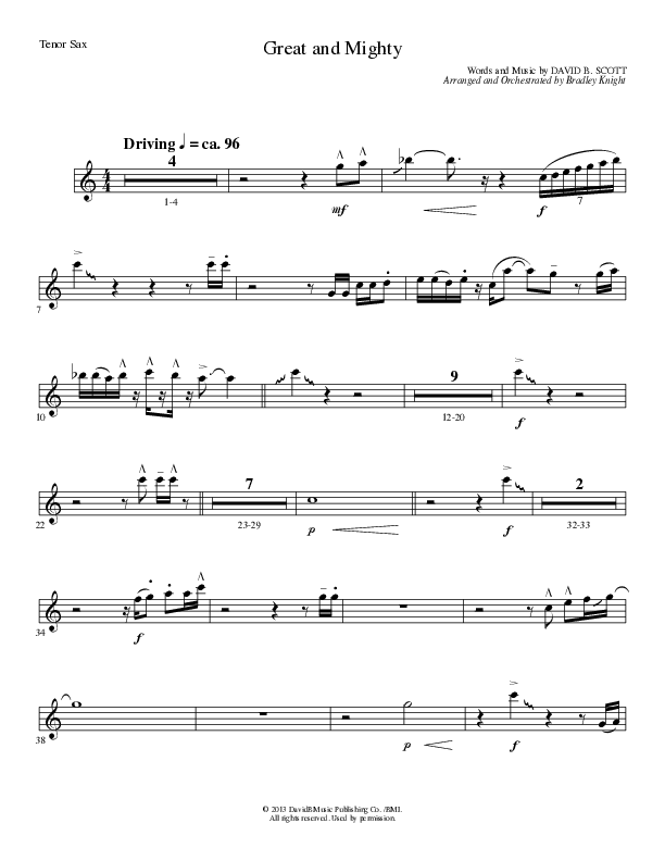 Great and Mighty (Choral Anthem SATB) Tenor Sax 1 (Lillenas Choral / Arr. Bradley Knight)