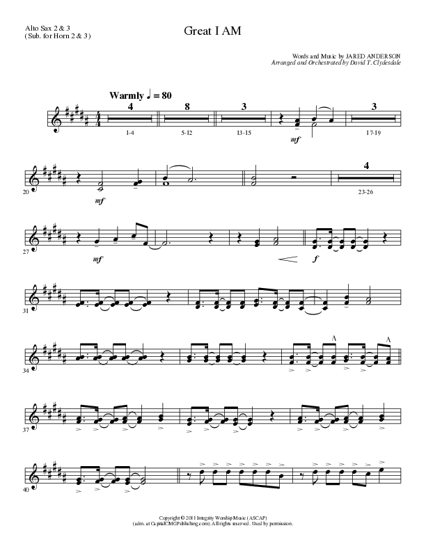 Great I Am (Choral Anthem SATB) Alto Sax 2 (Lillenas Choral / Arr. David Clydesdale)