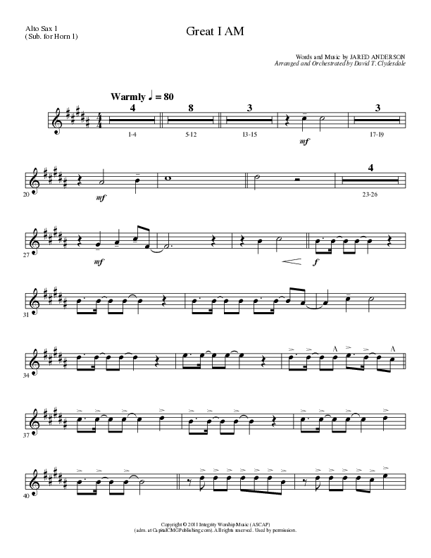 Great I Am (Choral Anthem SATB) Alto Sax (Lillenas Choral / Arr. David Clydesdale)
