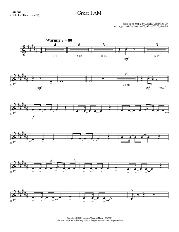 Great I Am (Choral Anthem SATB) Bari Sax (Lillenas Choral / Arr. David Clydesdale)