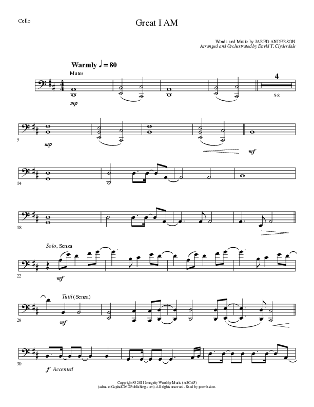 Great I Am (Choral Anthem SATB) Cello (Lillenas Choral / Arr. David Clydesdale)
