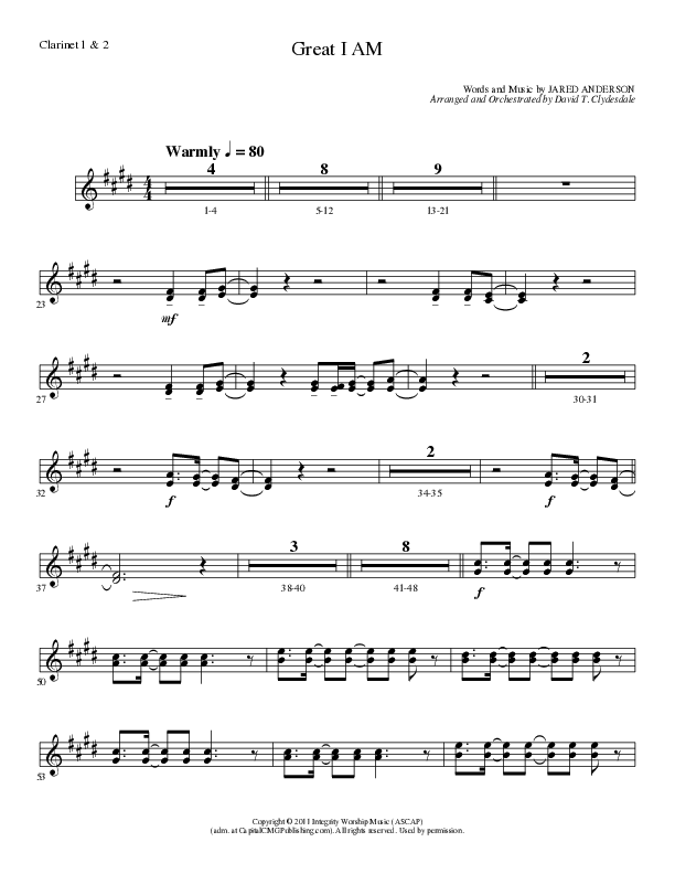 Great I Am (Choral Anthem SATB) Clarinet 1/2 (Lillenas Choral / Arr. David Clydesdale)