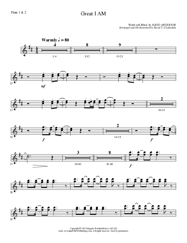 Great I Am (Choral Anthem SATB) Flute 1/2 (Lillenas Choral / Arr. David Clydesdale)