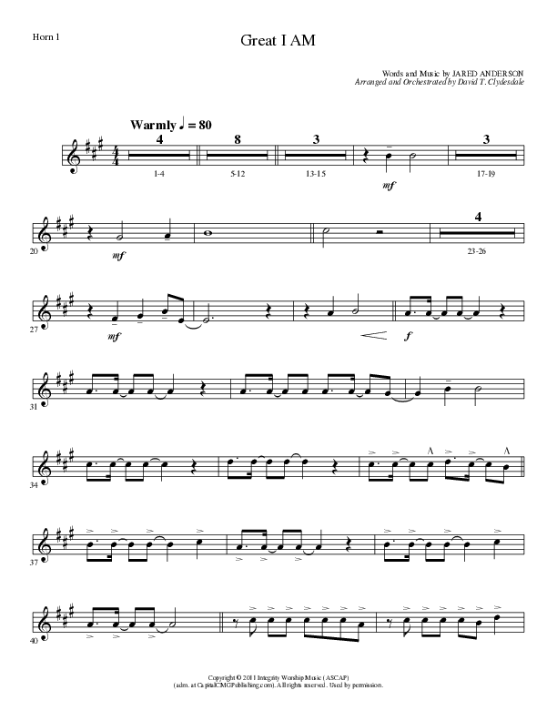 Great I Am (Choral Anthem SATB) French Horn 1 (Lillenas Choral / Arr. David Clydesdale)