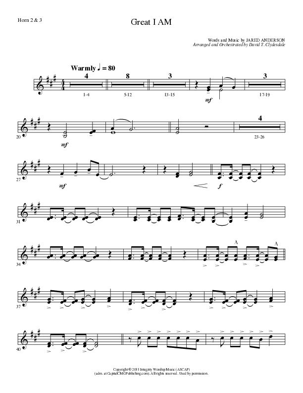 Great I Am (Choral Anthem SATB) French Horn 2 (Lillenas Choral / Arr. David Clydesdale)