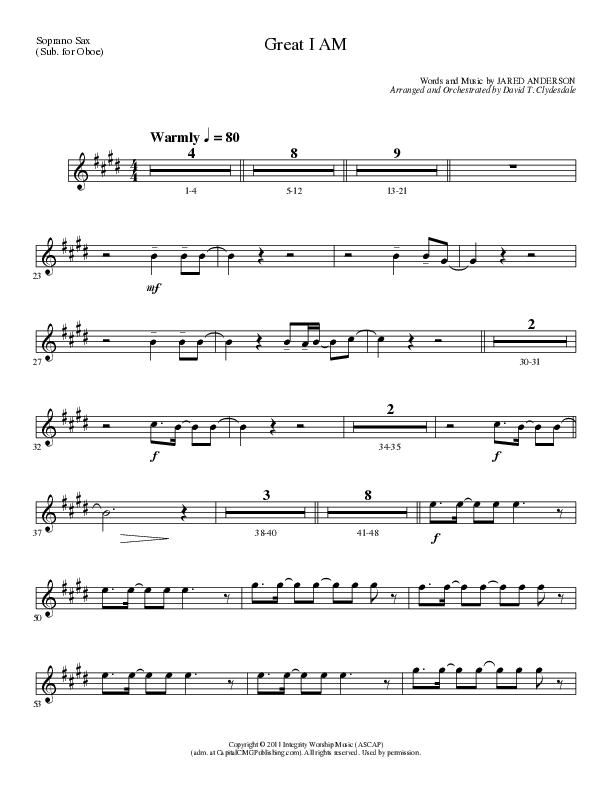 Great I Am (Choral Anthem SATB) Soprano Sax (Lillenas Choral / Arr. David Clydesdale)