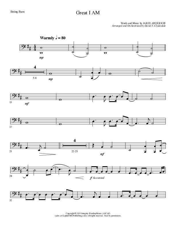 Great I Am (Choral Anthem SATB) String Bass (Lillenas Choral / Arr. David Clydesdale)