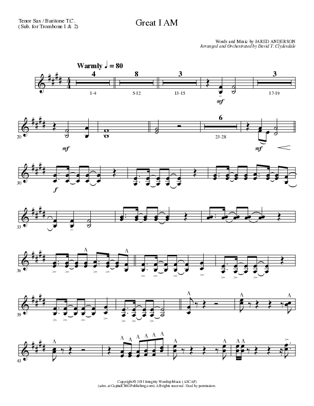 Great I Am (Choral Anthem SATB) Tenor Sax/Baritone T.C. (Lillenas Choral / Arr. David Clydesdale)