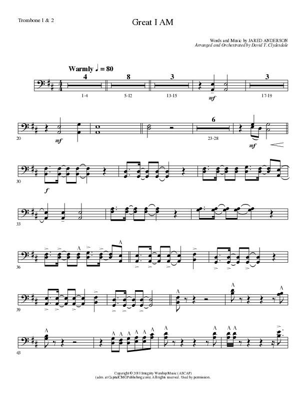 Great I Am (Choral Anthem SATB) Trombone 1/2 (Lillenas Choral / Arr. David Clydesdale)