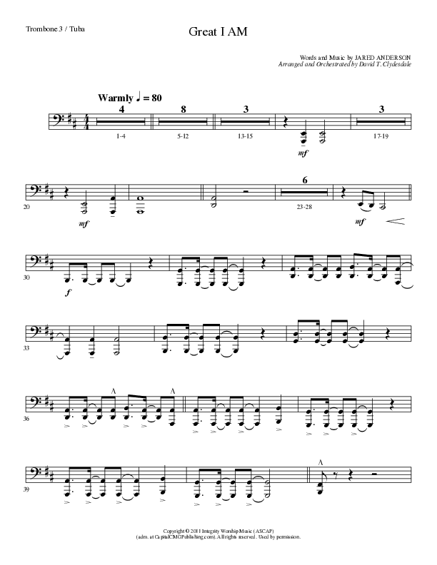 Great I Am (Choral Anthem SATB) Trombone 3/Tuba (Lillenas Choral / Arr. David Clydesdale)