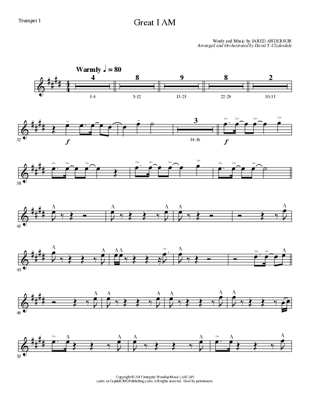 Great I Am (Choral Anthem SATB) Trumpet 1 (Lillenas Choral / Arr. David Clydesdale)