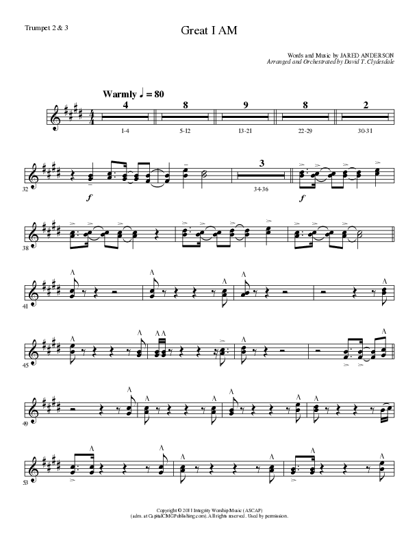 Great I Am (Choral Anthem SATB) Trumpet 2/3 (Lillenas Choral / Arr. David Clydesdale)