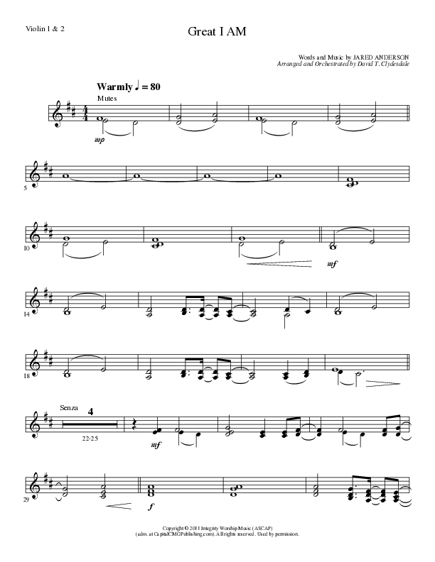 Great I Am (Choral Anthem SATB) Violin 1/2 (Lillenas Choral / Arr. David Clydesdale)