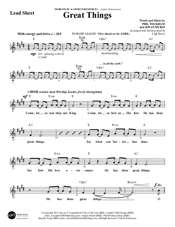 Great Things (Choral Anthem SATB) Lead Sheet (Melody) (Word Music Choral / Arr. Cliff Duren)