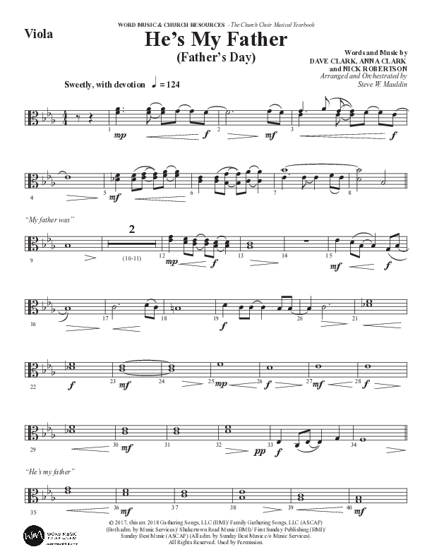 He’s My Father (Father’s Day) (Choral Anthem SATB) Viola (Word Music Choral / Arr. Steve Mauldin)