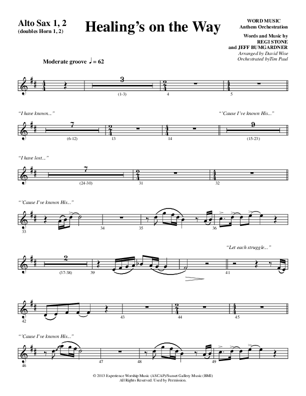 Healing’s on the Way (Choral Anthem SATB) Alto Sax 1/2 (Word Music Choral / Arr. David Wise)