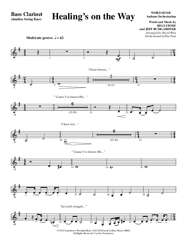 Healing’s on the Way (Choral Anthem SATB) Bass Clarinet (Word Music Choral / Arr. David Wise)