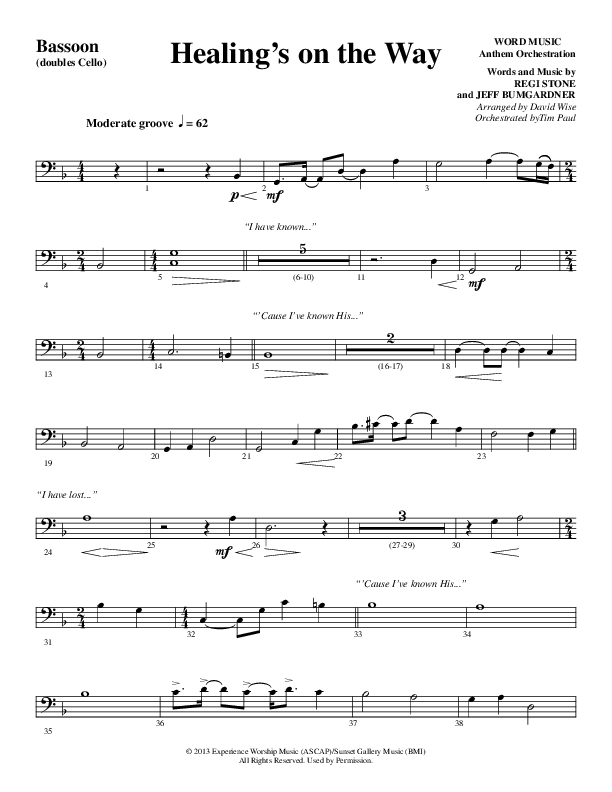 Healing’s on the Way (Choral Anthem SATB) Bassoon (Word Music Choral / Arr. David Wise)