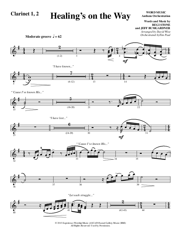 Healing’s on the Way (Choral Anthem SATB) Clarinet 1/2 (Word Music Choral / Arr. David Wise)
