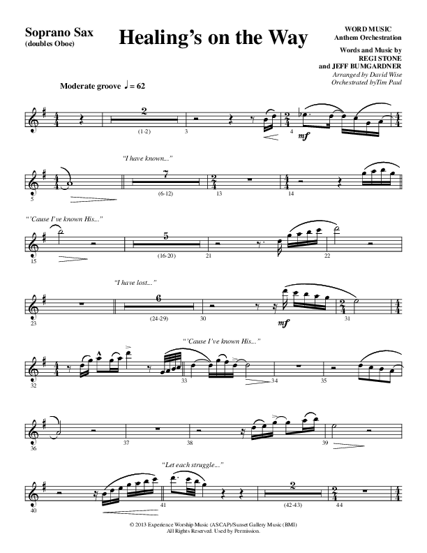 Healing’s on the Way (Choral Anthem SATB) Soprano Sax (Word Music Choral / Arr. David Wise)