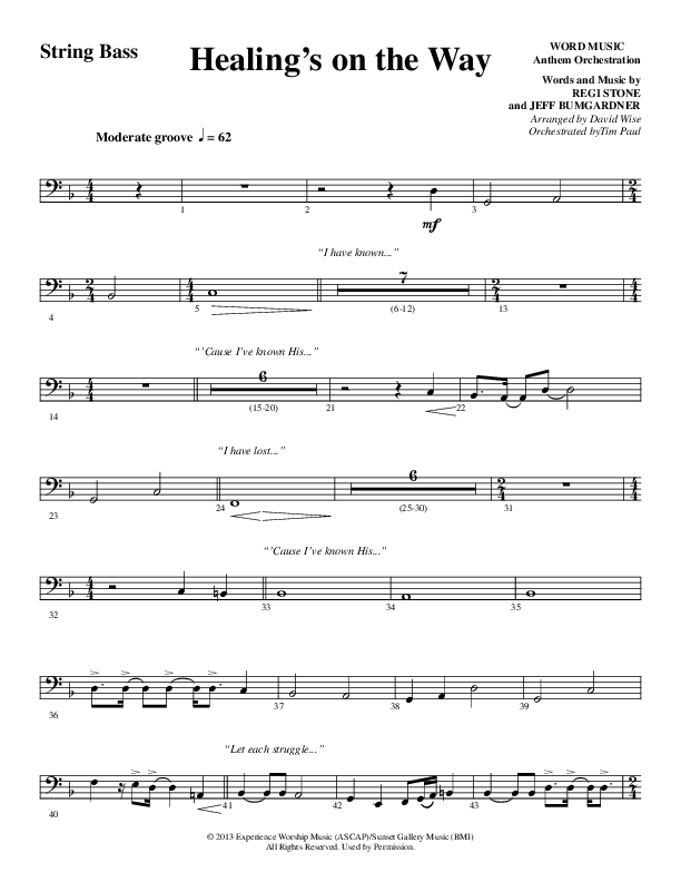 Healing’s on the Way (Choral Anthem SATB) String Bass (Word Music Choral / Arr. David Wise)