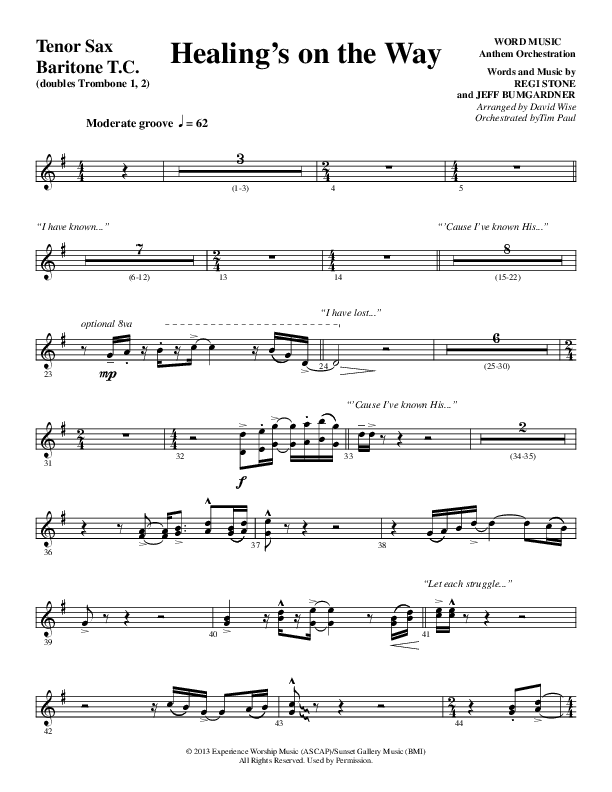Healing’s on the Way (Choral Anthem SATB) Tenor Sax/Baritone T.C. (Word Music Choral / Arr. David Wise)