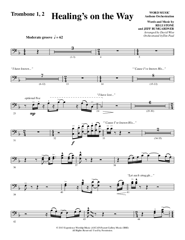 Healing’s on the Way (Choral Anthem SATB) Trombone 1/2 (Word Music Choral / Arr. David Wise)