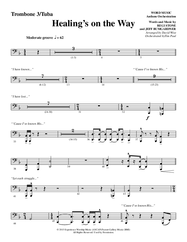 Healing’s on the Way (Choral Anthem SATB) Trombone 3/Tuba (Word Music Choral / Arr. David Wise)