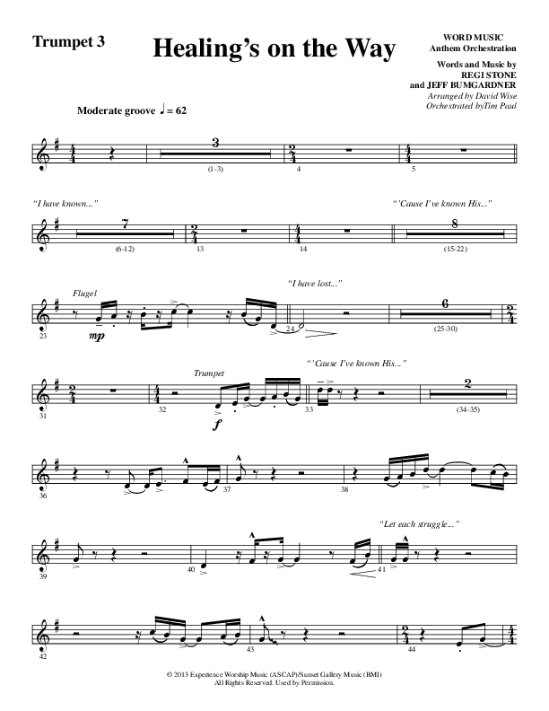Healing’s on the Way (Choral Anthem SATB) Trumpet 3 (Word Music Choral / Arr. David Wise)