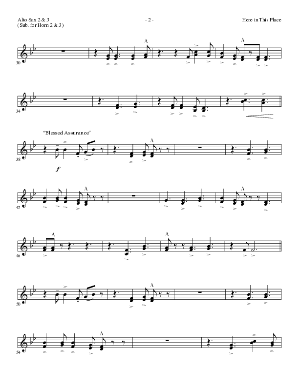 Here In This Place with Blessed Assurance, To God Be The Glory (Choral Anthem SATB) Alto Sax 2 (Lillenas Choral / Arr. Dave Clark / Orch. David Clydesdale)