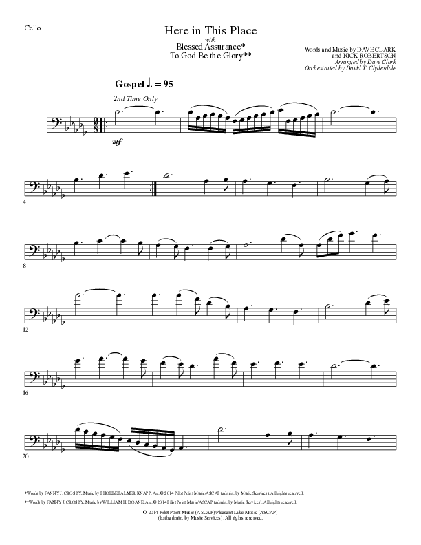 Here In This Place with Blessed Assurance, To God Be The Glory (Choral Anthem SATB) Cello (Lillenas Choral / Arr. Dave Clark / Orch. David Clydesdale)