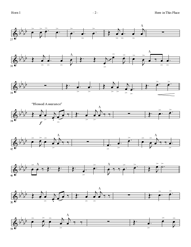 Here In This Place with Blessed Assurance, To God Be The Glory (Choral Anthem SATB) French Horn 1 (Lillenas Choral / Arr. Dave Clark / Orch. David Clydesdale)