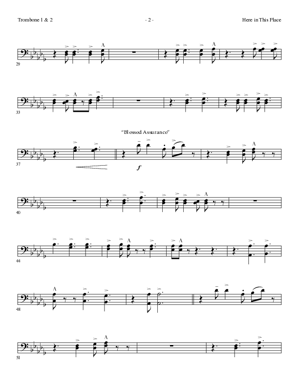 Here In This Place with Blessed Assurance, To God Be The Glory (Choral Anthem SATB) Trombone 1/2 (Lillenas Choral / Arr. Dave Clark / Orch. David Clydesdale)