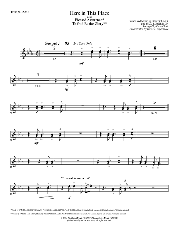 Here In This Place with Blessed Assurance, To God Be The Glory (Choral Anthem SATB) Trumpet 2/3 (Lillenas Choral / Arr. Dave Clark / Orch. David Clydesdale)