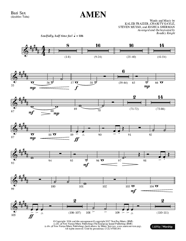 Amen (Choral Anthem SATB) Bari Sax (Lifeway Choral / Arr. Bradley Knight)