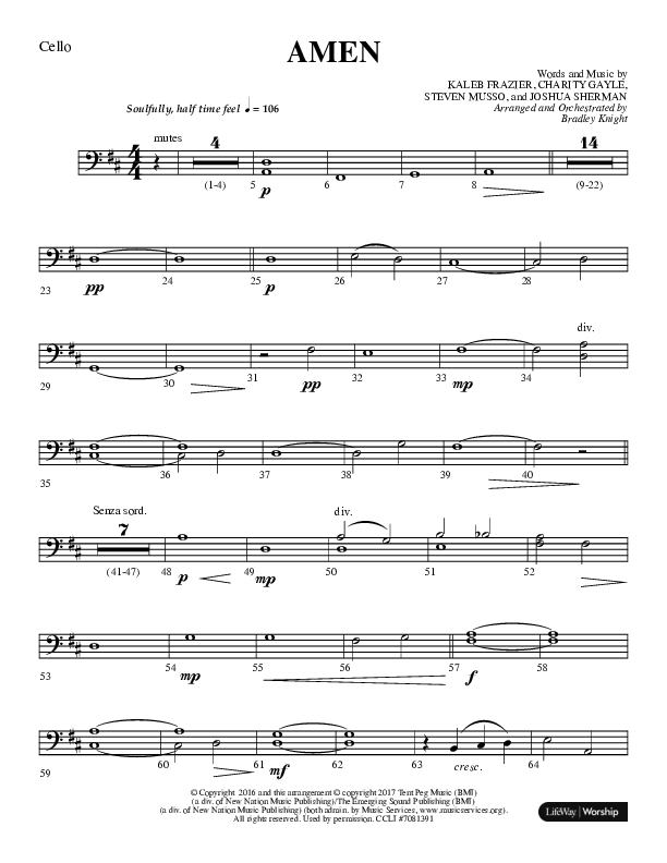 Amen (Choral Anthem SATB) Cello (Lifeway Choral / Arr. Bradley Knight)