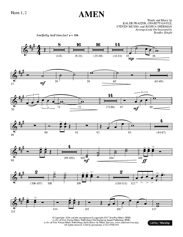 Amen (Choral Anthem SATB) French Horn 1/2 (Lifeway Choral / Arr. Bradley Knight)